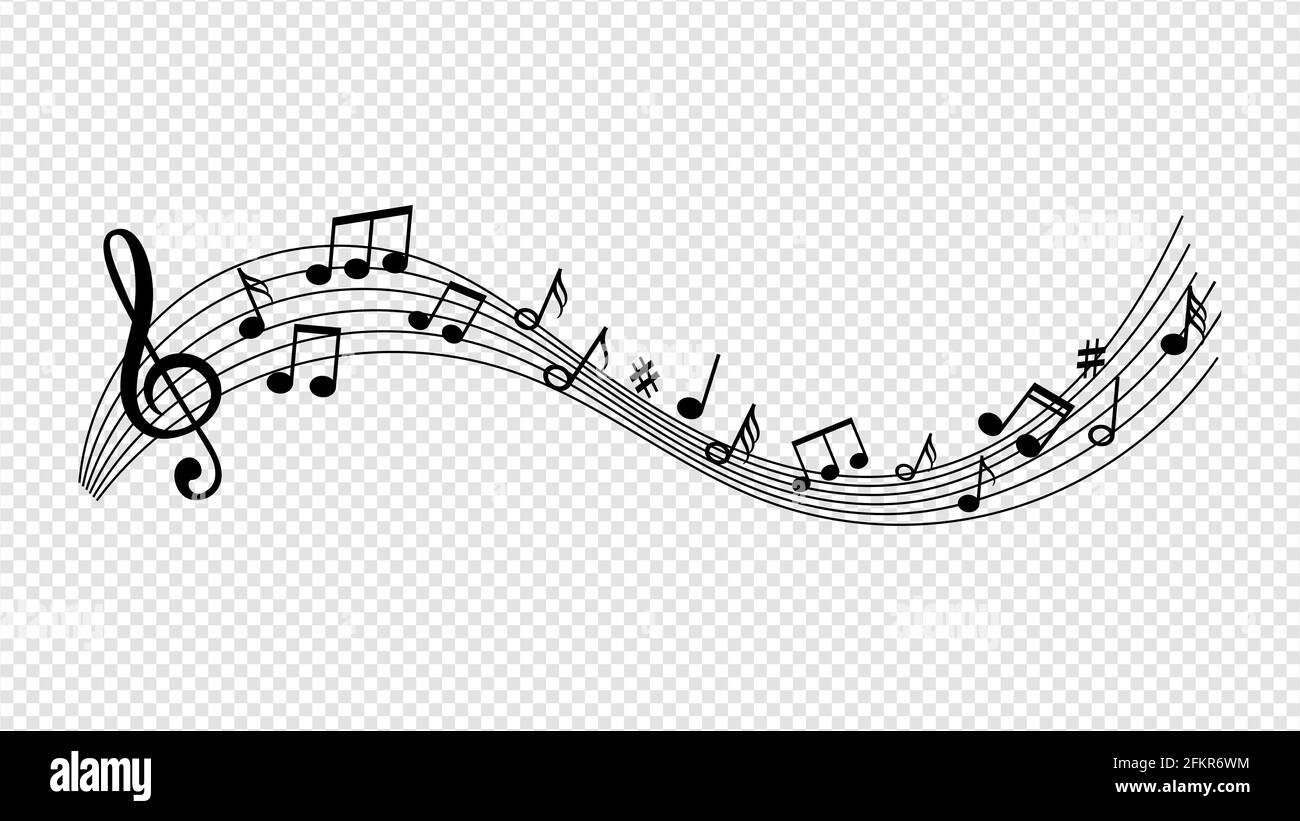Music wave with notes. Musical swirling line. Isolated sound art vector