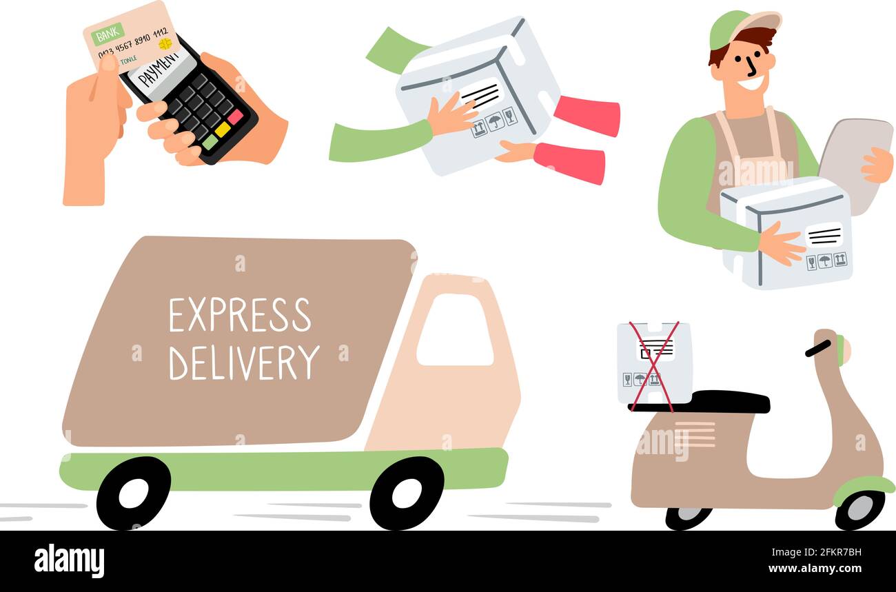 Fast express delivery. Food truck, scooter delivery boy with parcel and ...