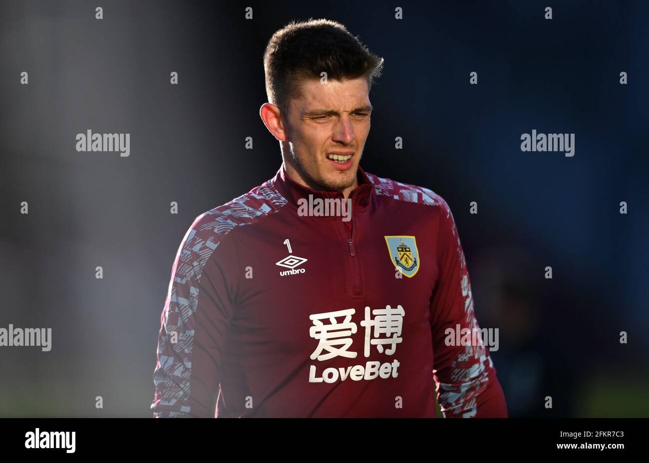 Burnley goalkeeper Nick Pope during the warm up before the Premier League match at Tuff Moor, Burnley. Issue date: Monday May 3, 2021. Stock Photo