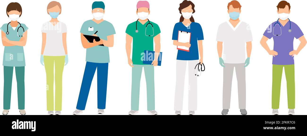 Medical staff in protective face masks. Doctors and nurses characters ...
