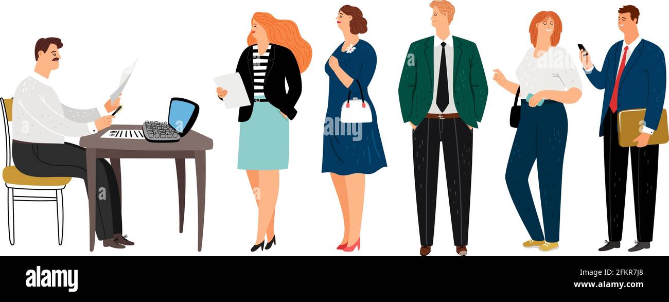 Male secretary. Social worker or administrator and people queue. Man takes documents, businesspeople waiting vector illustration Stock Vector