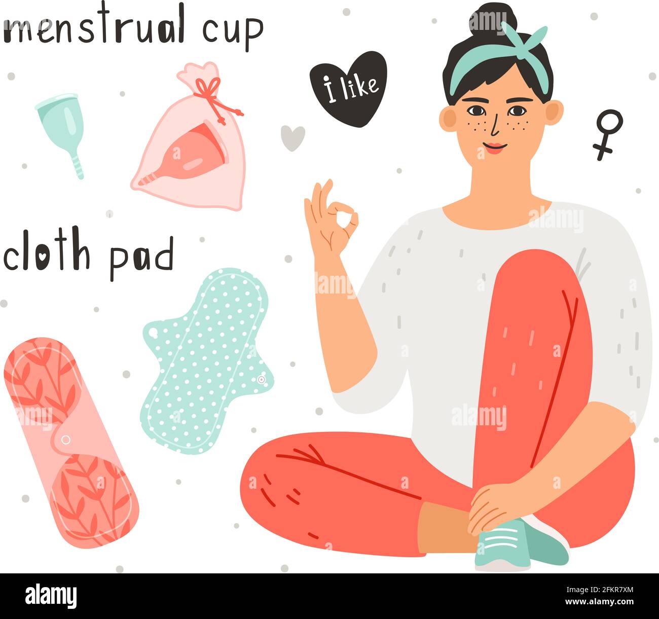 Feminine hygiene. Menstrual cup and cloth pad is hygiene items for  protection woman during menstrual cycle, cartoon female without menses  problems isolated on white background, vector illustration Stock Vector  Image & Art -