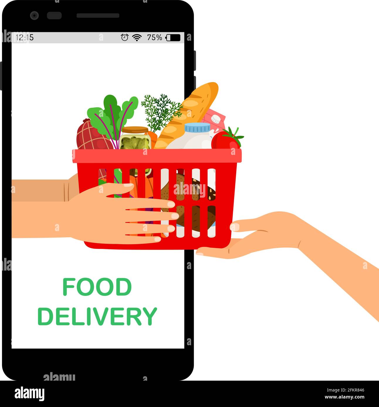 Contactless delivery. Online food store, supermarket mobile app. Hands  holding grocery basket vector illustration Stock Vector Image & Art - Alamy