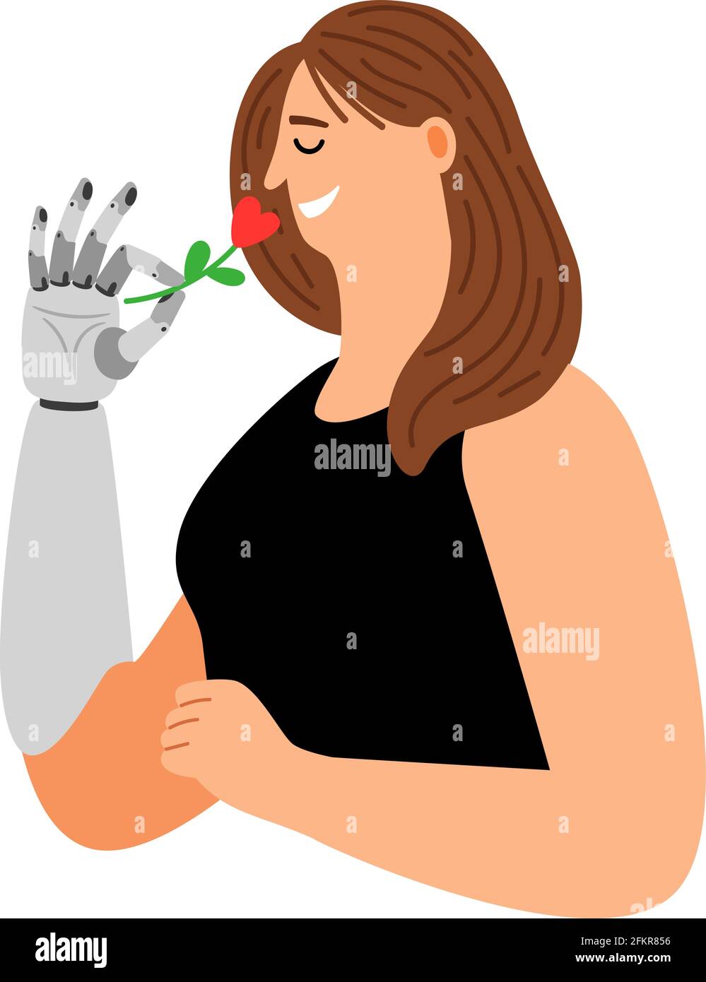 Prosthetic hand. Cartoon woman with bionic arm, metallic cybernetic hand hold flower with red heart, vector illustration creation of future technologies isolated on white background Stock Vector