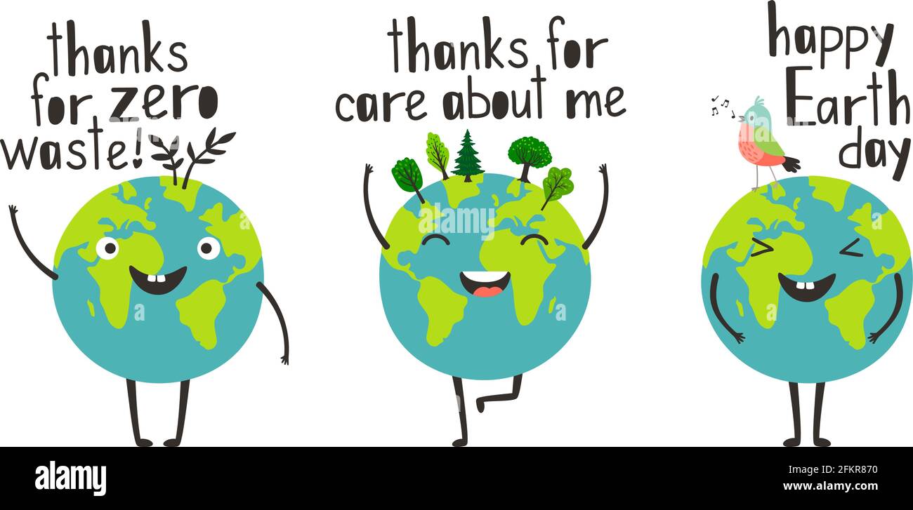 Happy earth day. Cartoon happy planets give thanks for care and zero waste  concept, green environment for love and peace, illustration eco friendly  world isolated on white backgroun Stock Vector Image &