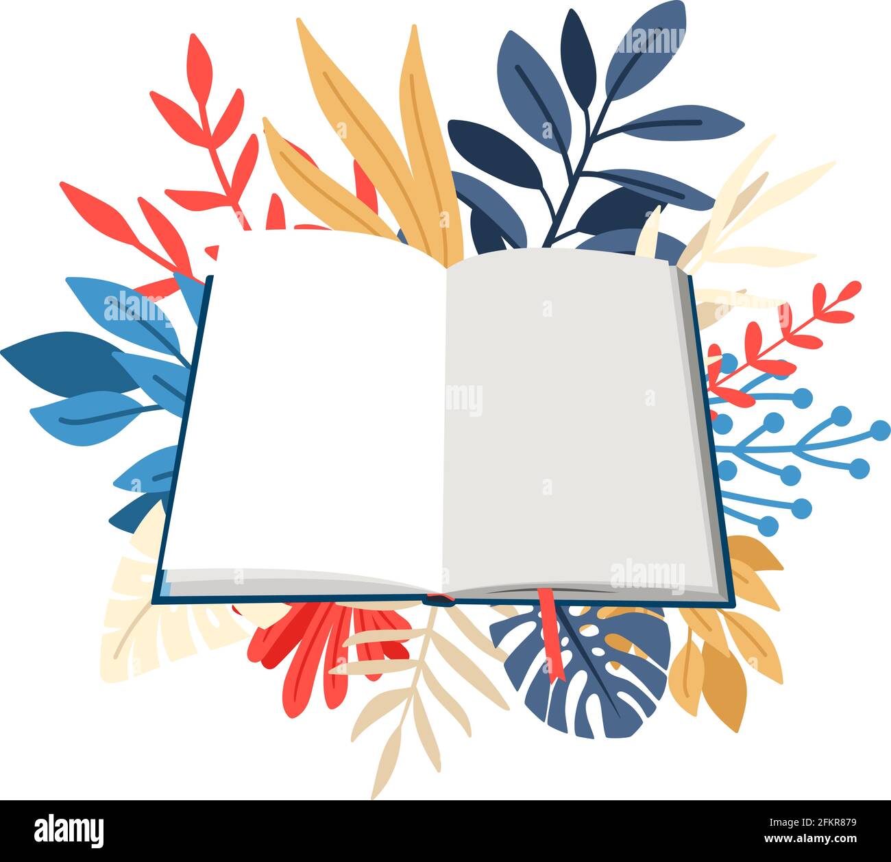 Cartoon book in hardcover. Empty textbook with bookmark over colored  branches. Vector illustration of blank open book mockup isolated on white  background Stock Vector Image & Art - Alamy