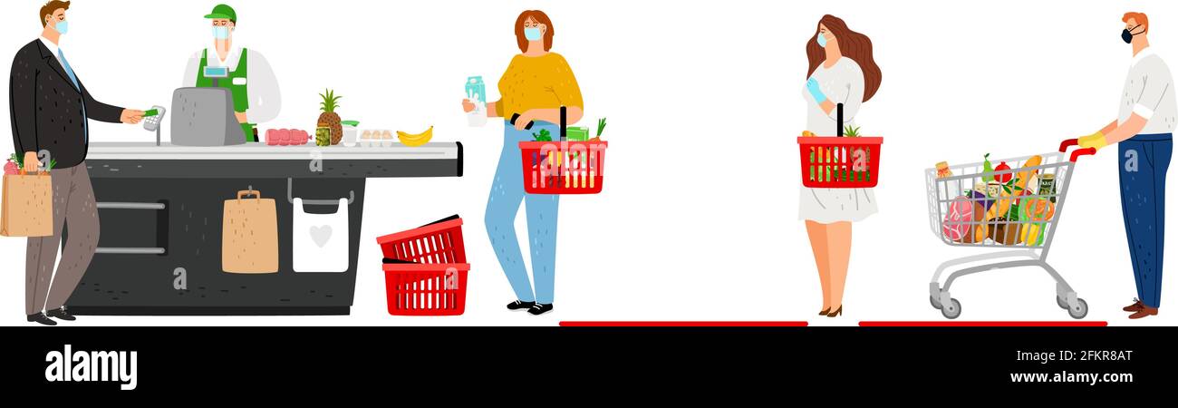 Social distancing in grocery store. Keep the distance in queue people. Woman man shopping in protective masks and gloves vector illustration Stock Vector