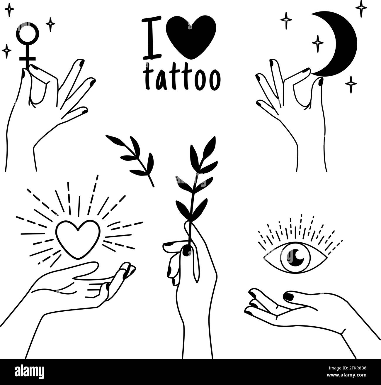 Female tattoo hands. Trendy beautiful woman hand set with love ...