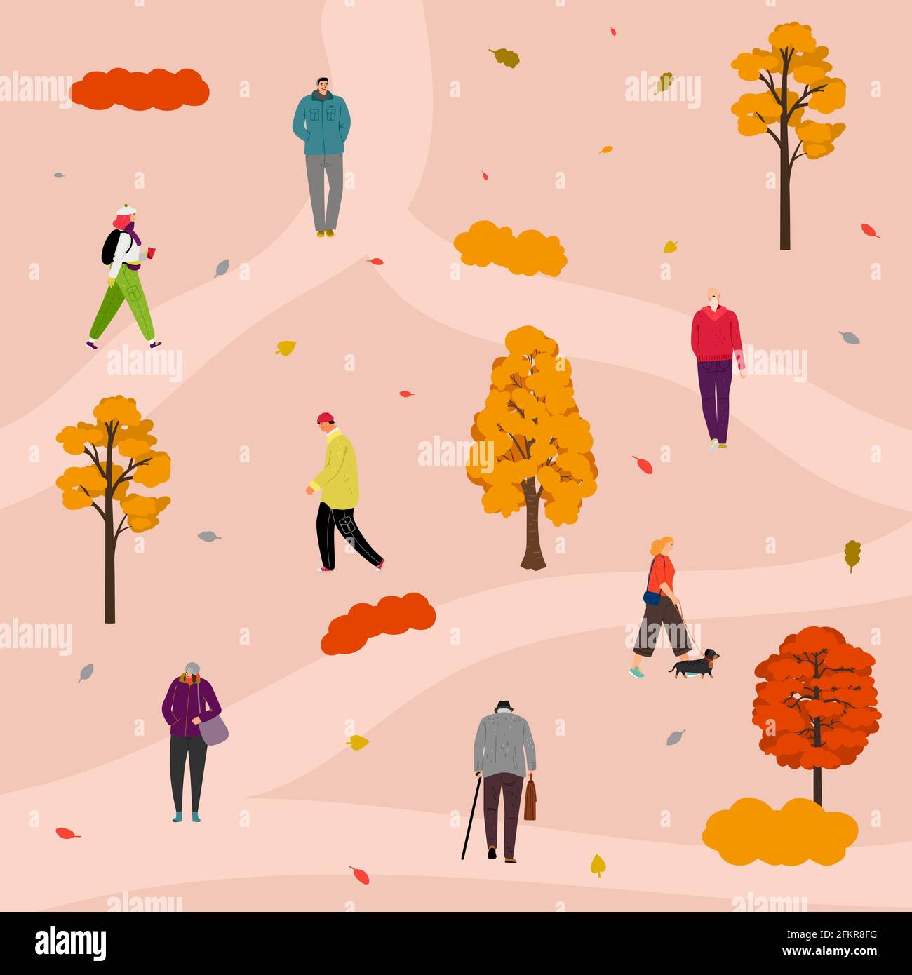 Park walking. People in autumn outfit outdoor activities. Fall orange red tree, leaves vector
