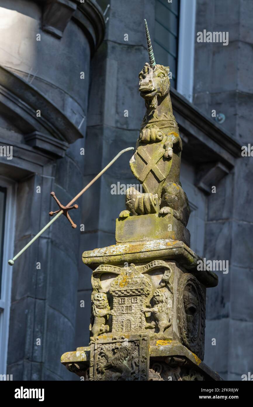 Unicorn on top of the Mercat Cross in Dunfermline, Fife, Scotland Stock Photo