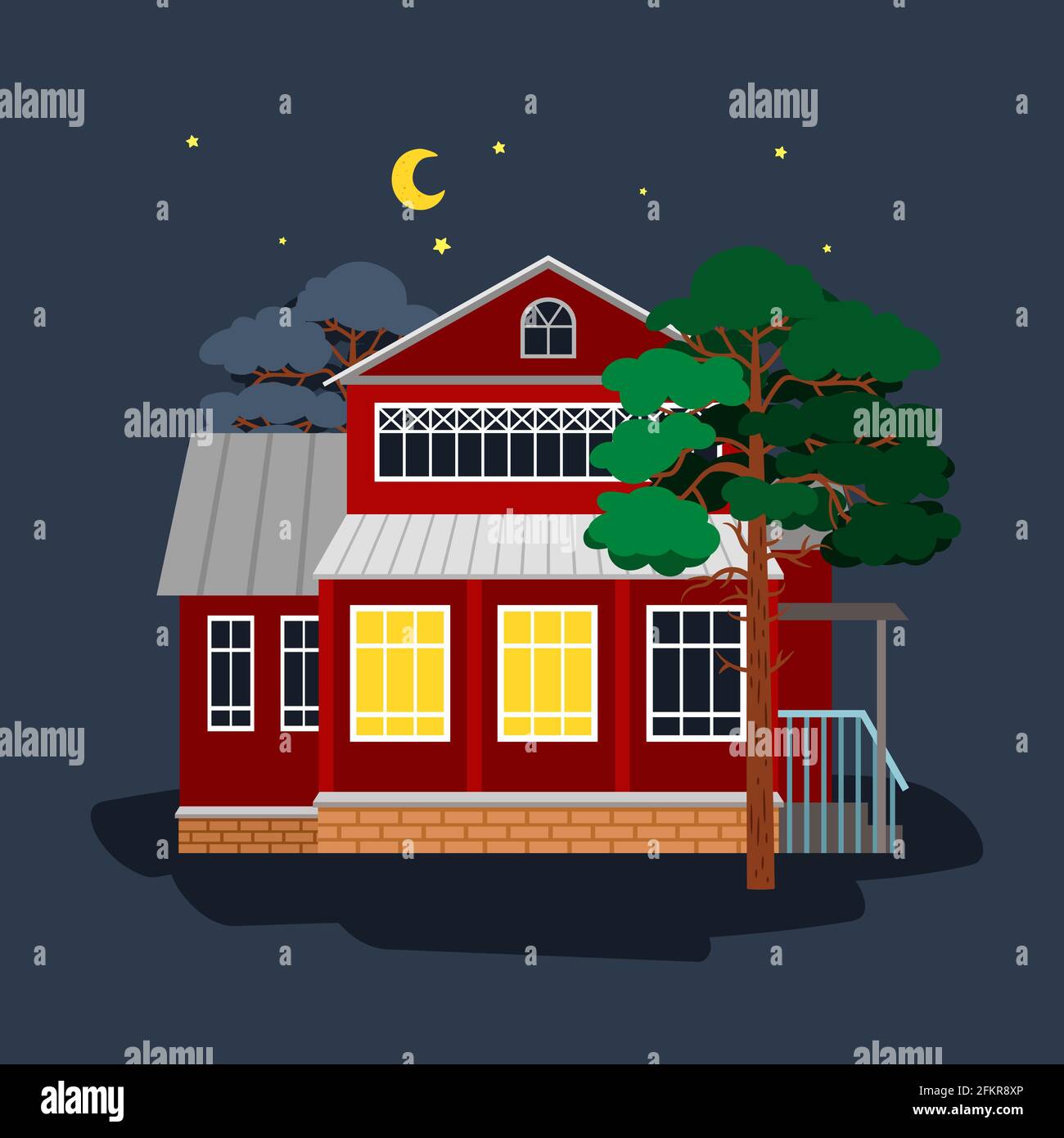 House in star night. Cartoon rustic cottage with light in windows among