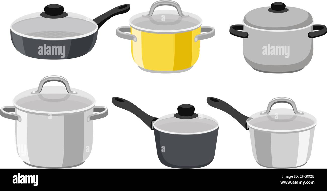 Pans pots and saucepans. Kitchen pan objects, cartoon kitchenware tools
