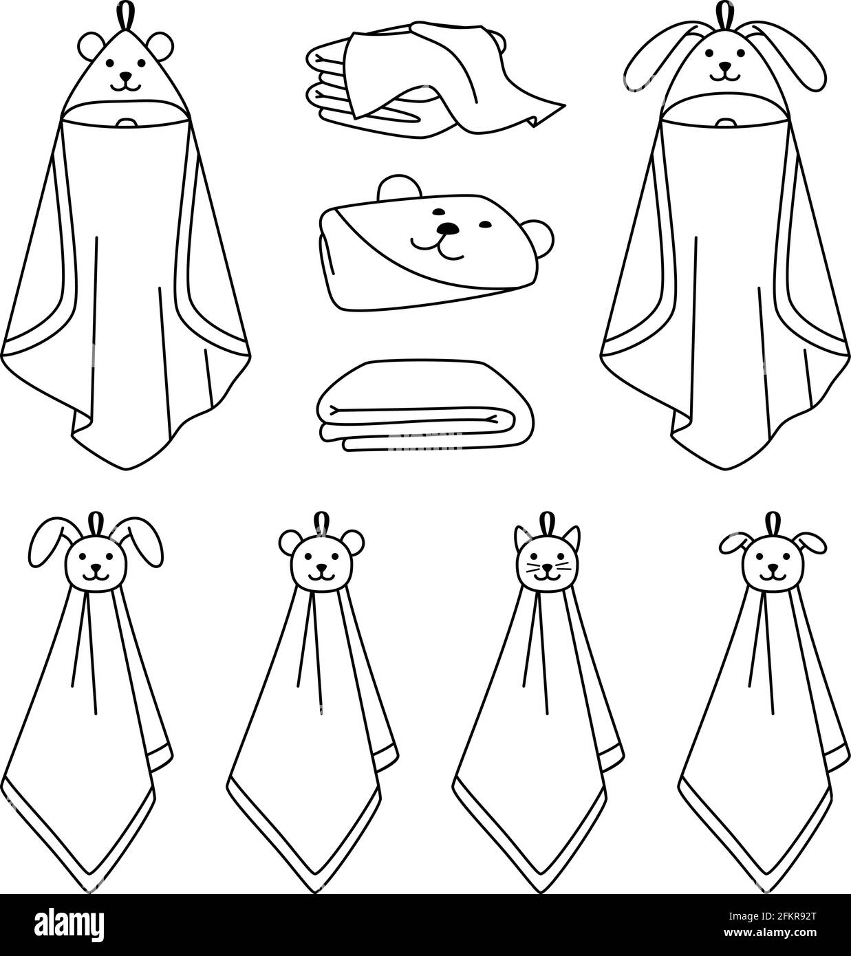 Towel outline line icons. Cartoon dry clean items for bathroom, hand ...