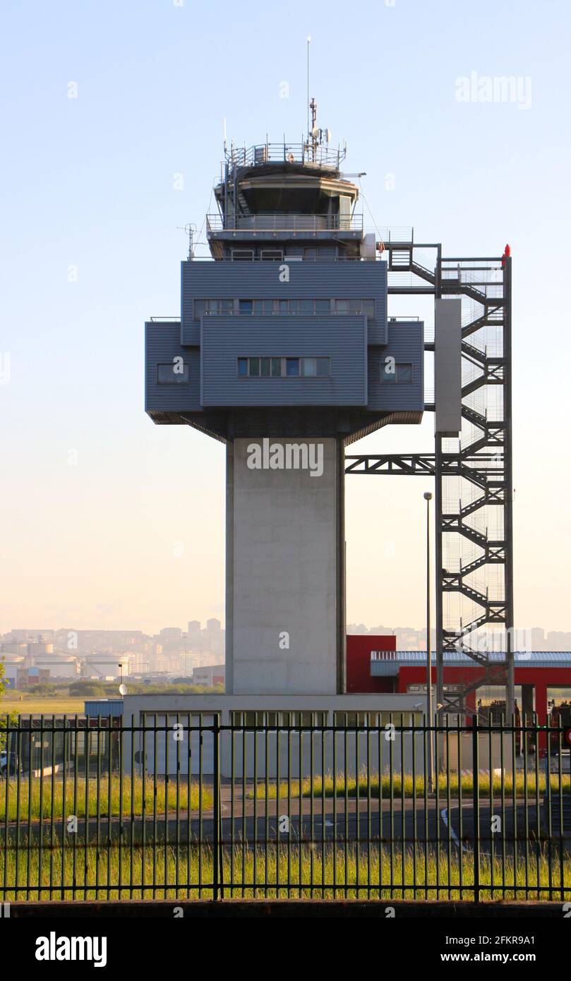 The air traffic control tower at the Seve Ballesteros-Santander Airport Cantabria Spain Early sunny spring morning Stock Photo