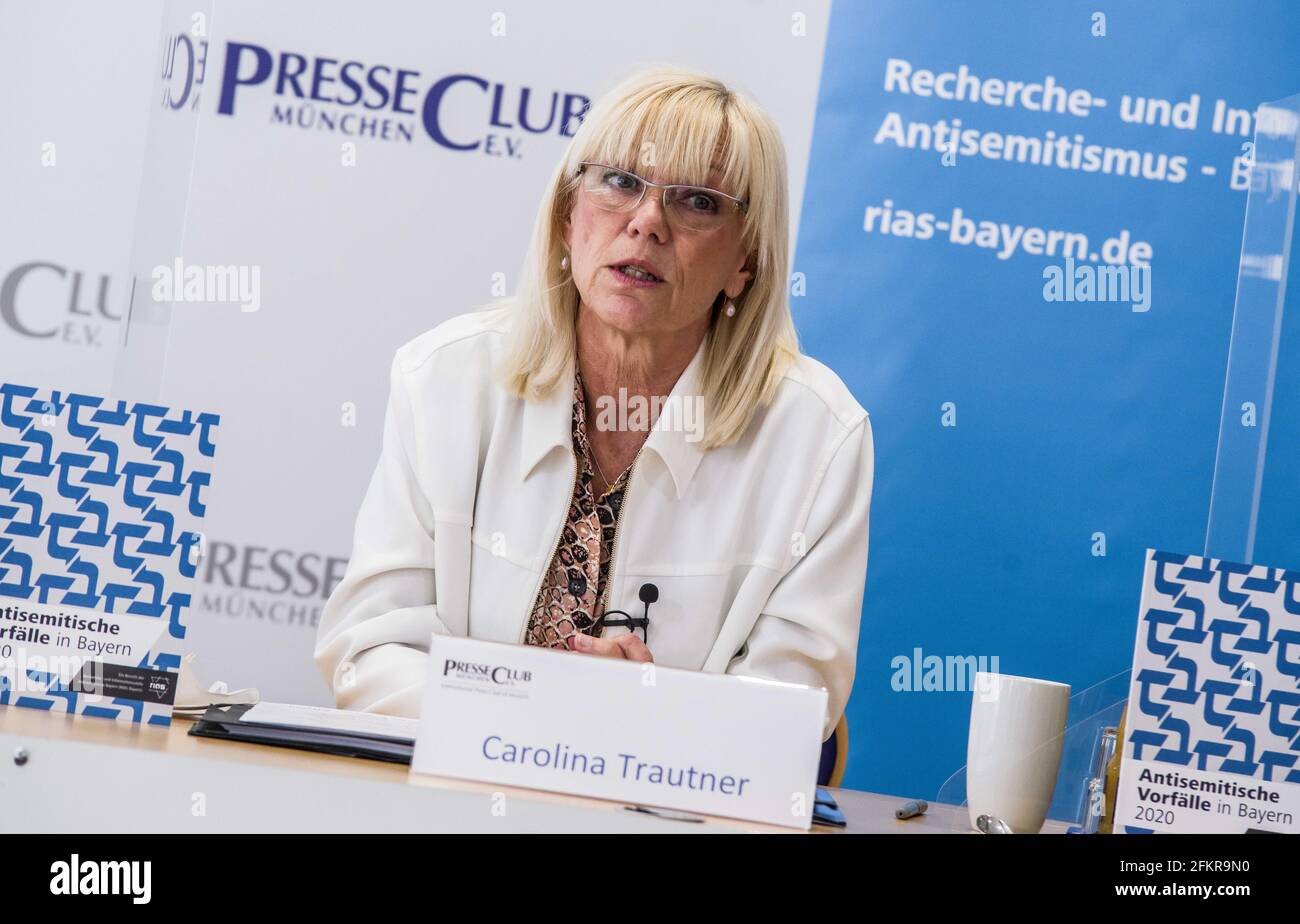 May 3, 2021, Munich, Bavaria, Germany: CAROLINA TRAUTNER, Staatsministerin im Staatsministerium fÃ¼r Familie, Arbeit und Soziales in Bayern. The RIAS Bayern (Recherche und Informationsstelle Antisemitismus, Antisemitism Research and Information Office of Bavaria) organization released its 2020 report on antisemitism in the state of Bavaria. The organization is tasked with documenting cases and forms of antisemitism and related discrimination and has seen significant upticks in the cases during the era of the Coronavirus crisis as old, anti-Semitic conspiracy theories have returned in updated Stock Photo