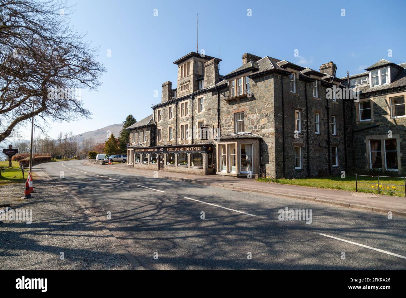 The Hotel and Visitor Centre at St Fillans on Loch Earn, Scotland. Stock Photo
