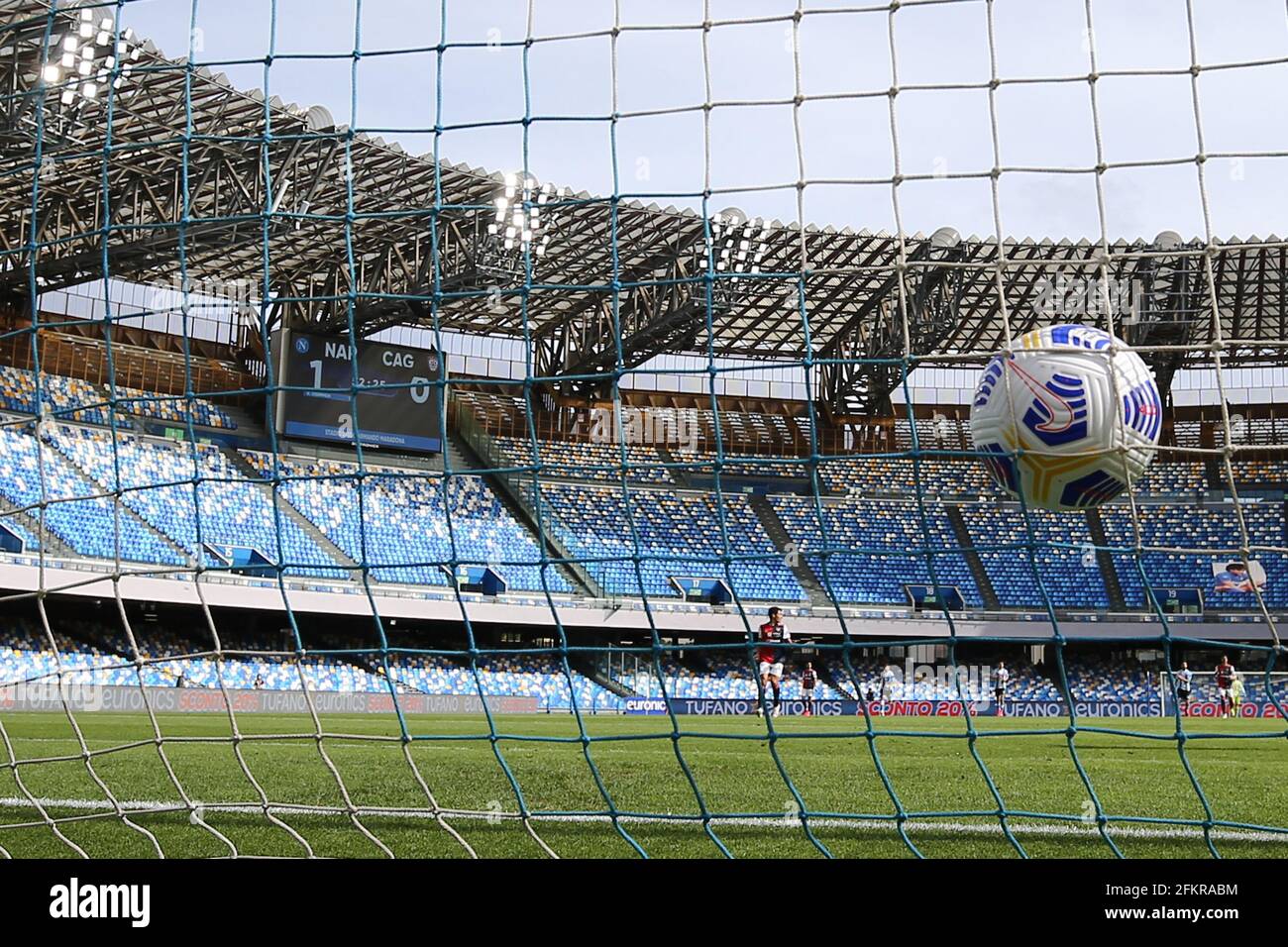 Napoli, Italia. 02nd May, 2021. Stadium overview with ball in the net  during the Serie A football match between SSC Napoli and Cagliari Calcio at  Diego Armando Maradona stadium in Napoli (Italy),