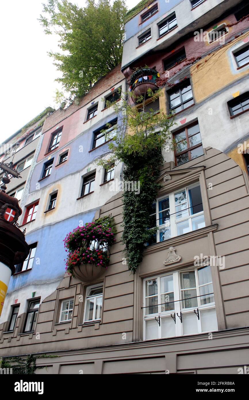 Hundertwasserhaus is an apartment house in Vienna, Austria. Hodgepodge building with eclectic mash up facade Stock Photo