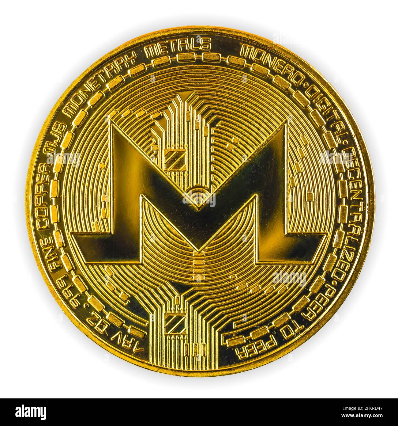 Gold Monero cryptocurrency coin on a white isolated background