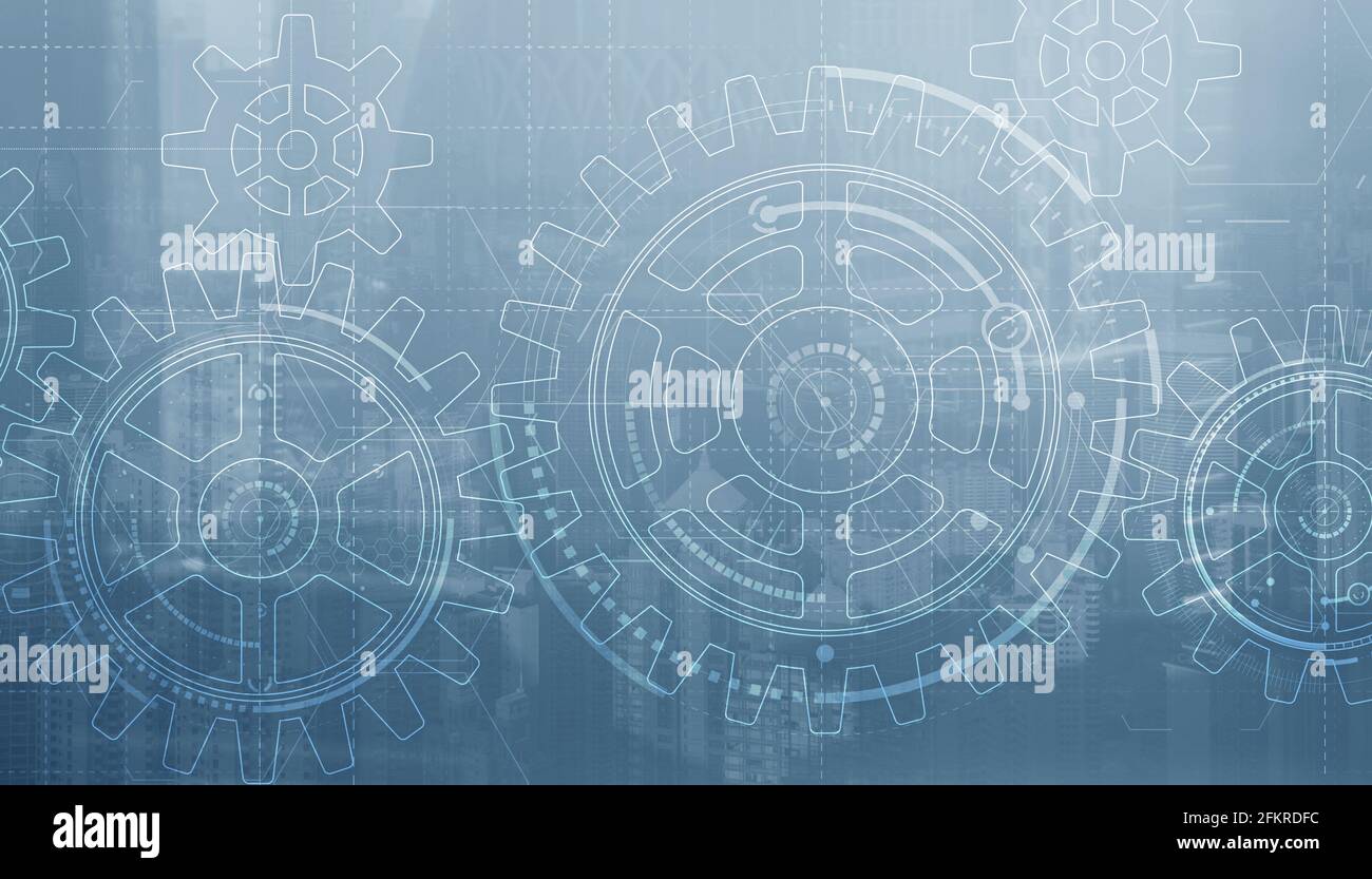 Gears on modern architecture background. Business processes concept ...