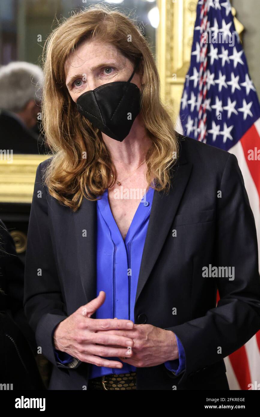 Samantha Power, administrator of the United States Agency for International Development (USAID), speaks during a swearing in ceremony in the Eisenhower Executive Office Building in Washington, DC, U.S., on Monday, May 3, 2021. The Senate confirmed Power, who was an ambassador to the United Nations during the Obama administration, on April 28.Credit: Oliver Contreras/Pool via CNP /MediaPunch Stock Photo