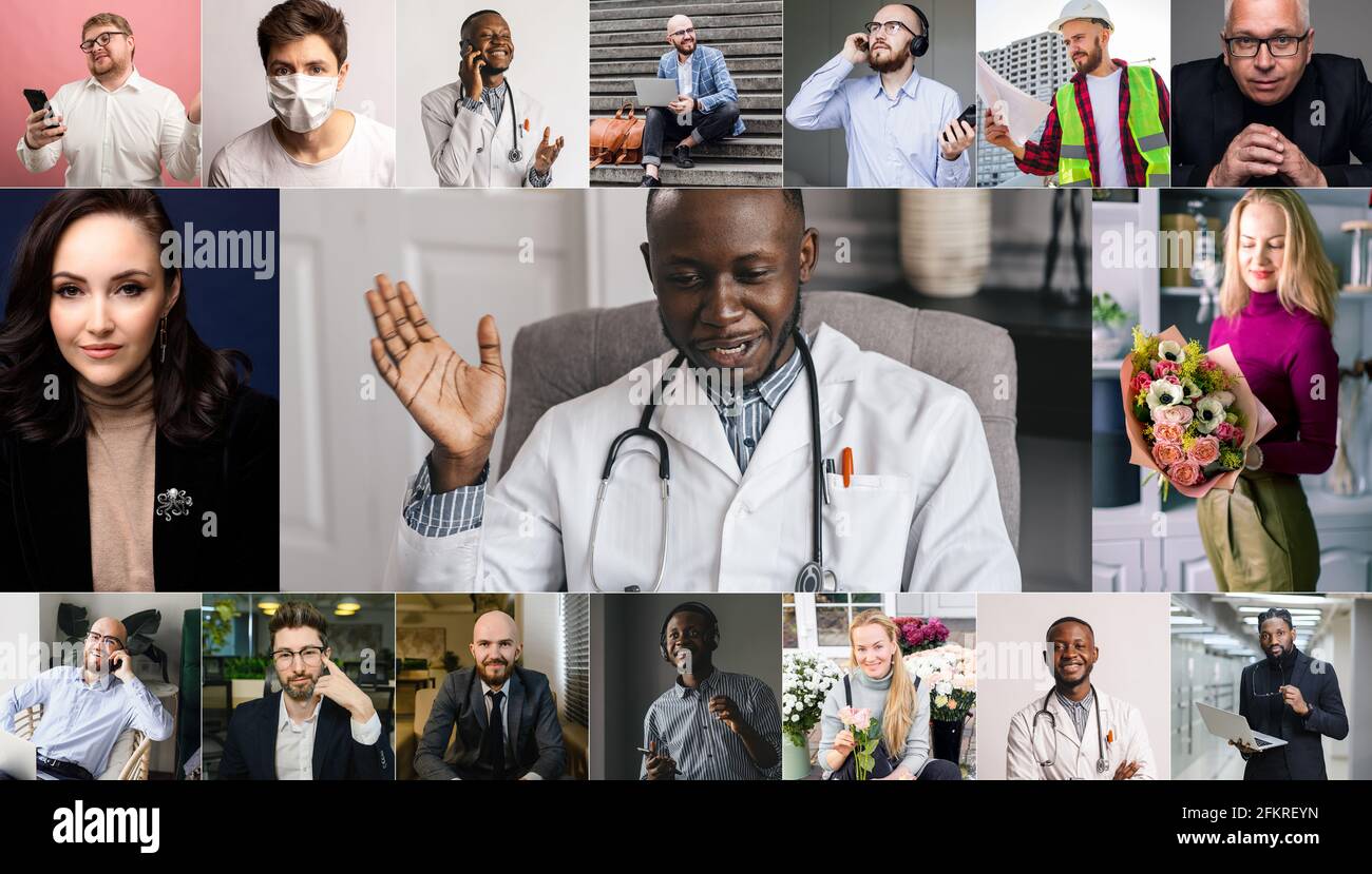 Computer webcam screen full frame view, multiracial young business people involved in group online video conference, telehealth with black doctor Stock Photo