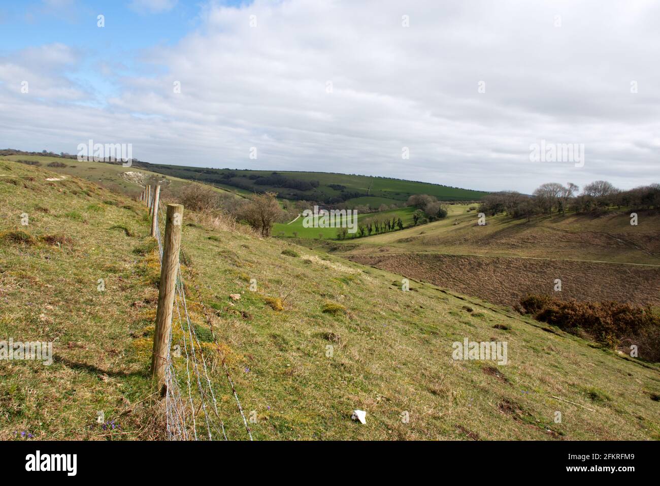 A view of Saddlescombe Farm and the valley from the top of Devils Dyke in Sussex, England, UK Stock Photo