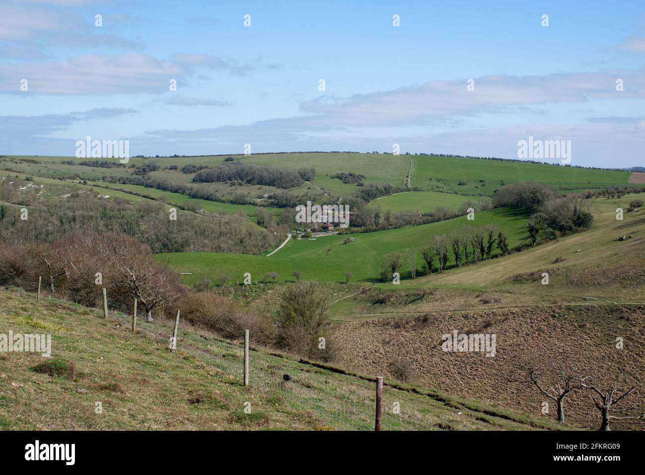 A view of Saddlescombe Farm and the valley from the top of Devils Dyke in Sussex, England, UK Stock Photo