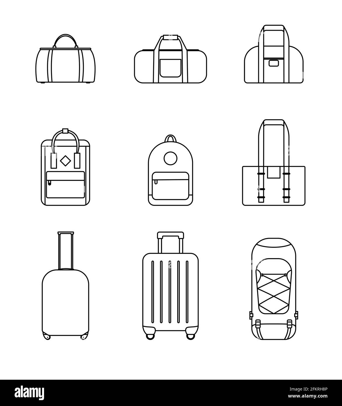 Icon collection set of travel bags, backpacks, suitcases isolated on white background Stock Vector