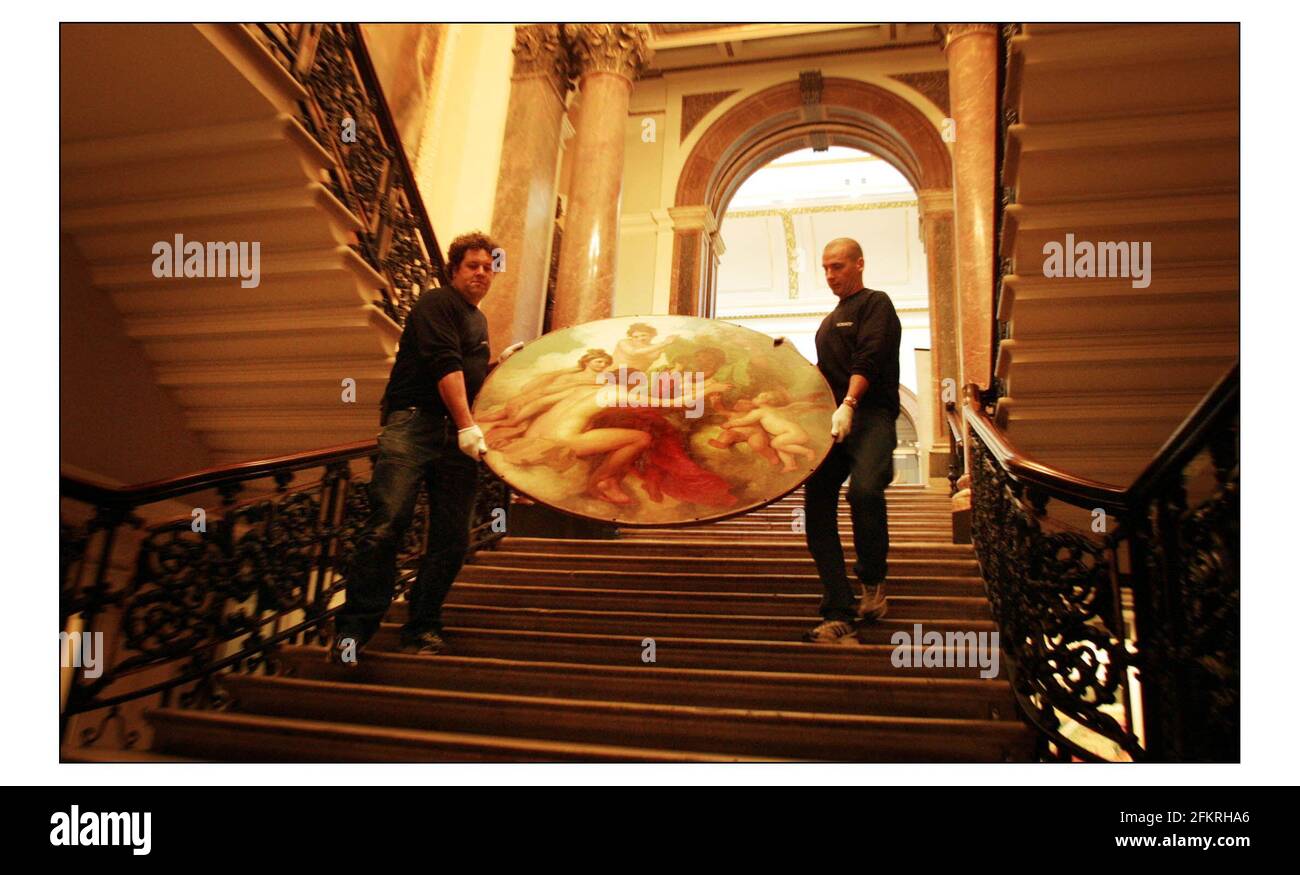 After two years absence the 18th century ceiling painting in the entrance hall of the Royal Academy are being reinstalled. The central work by Benjamin West PRA (1738-1820) after being cleaned and conserved are put back in place.pic David Sandison 5/11/2002 Stock Photo