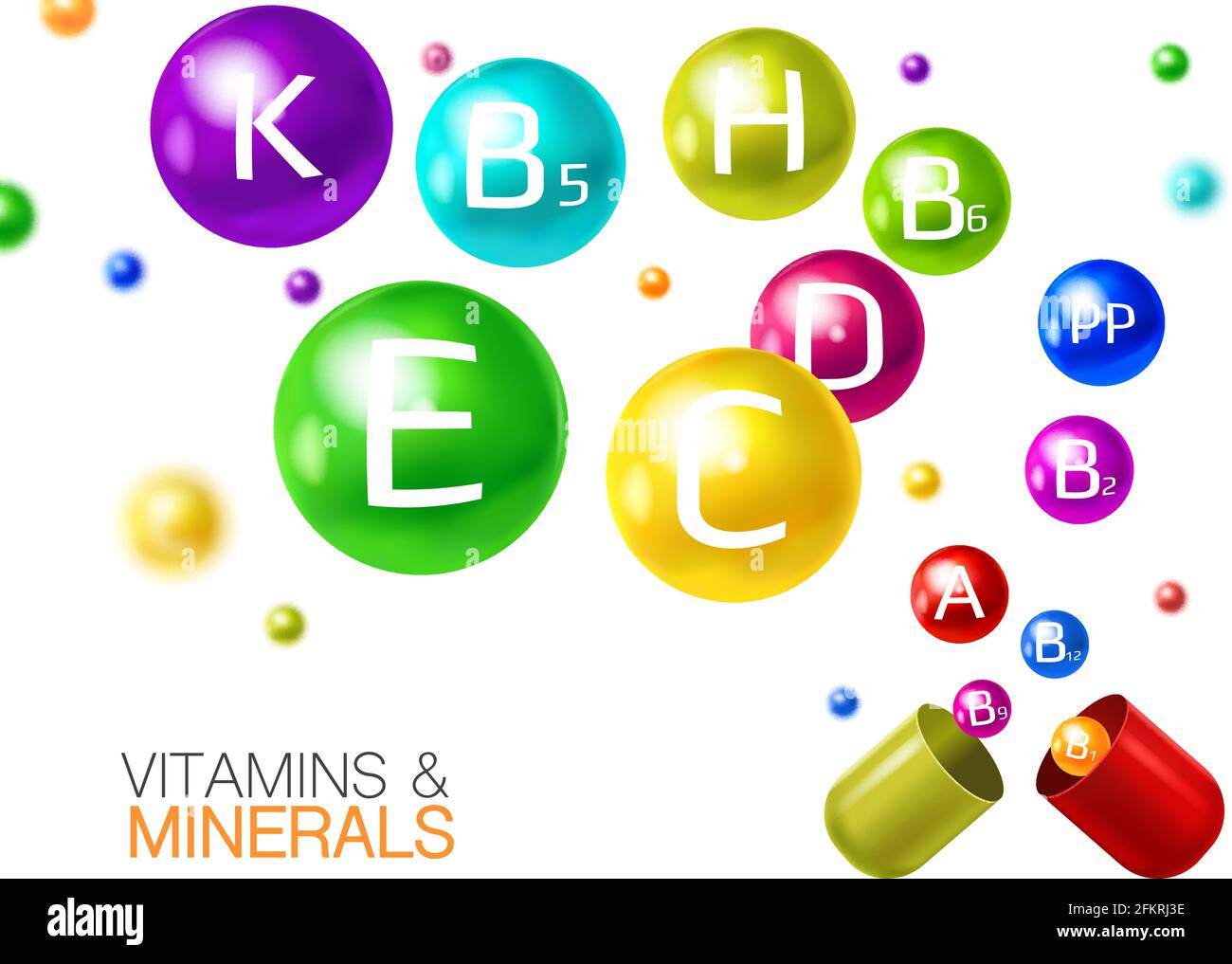 Essential multivitamins with minerals in capsules pills realistic colorful composition with 3d flying vitamin balls vector illustration Stock Vector