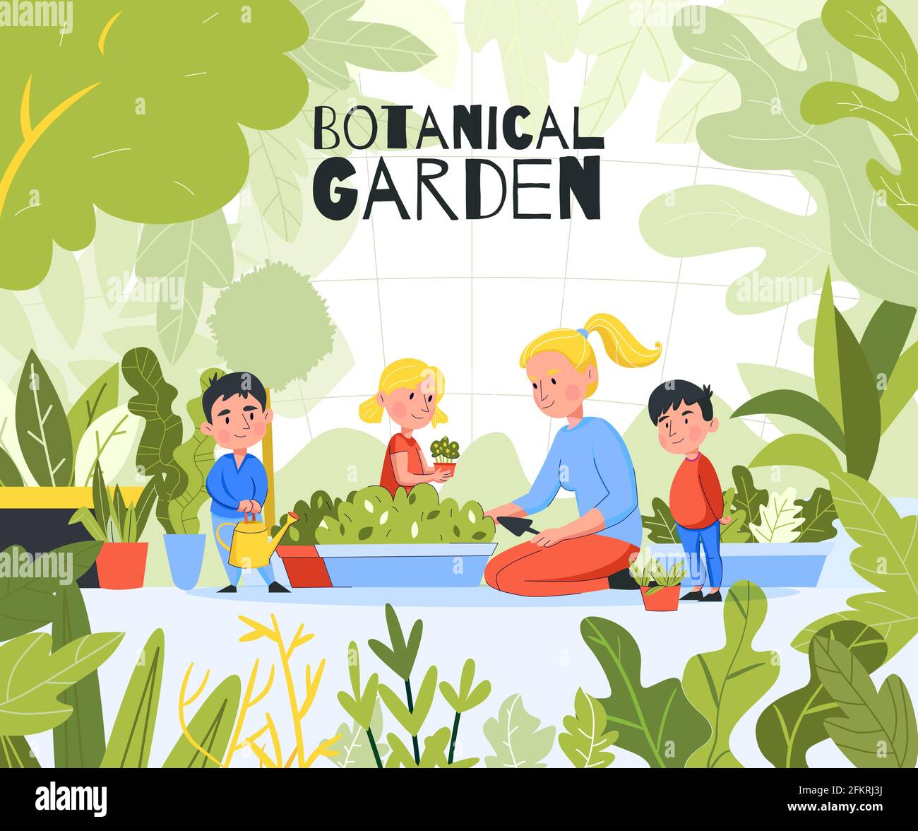 Kindergarten garden outdoor composition with images of green leaves