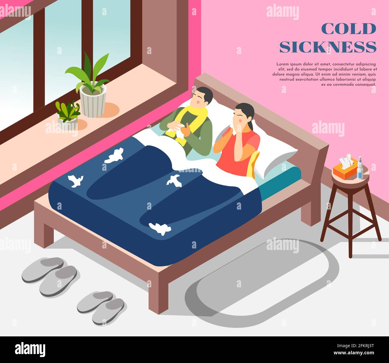 Cold sickness flu treatment isometric composition with suffering from influenza running nose couple in bed vector illustration Stock Vector