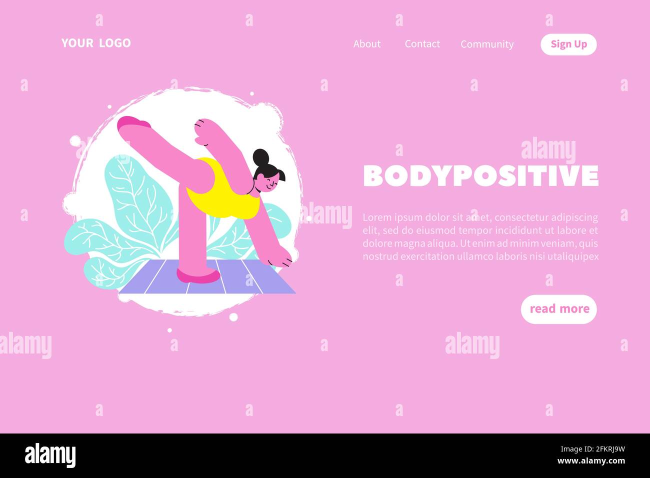 Body positive web site landing page background with clickable links buttons editable text and doodle images vector illustration Stock Vector