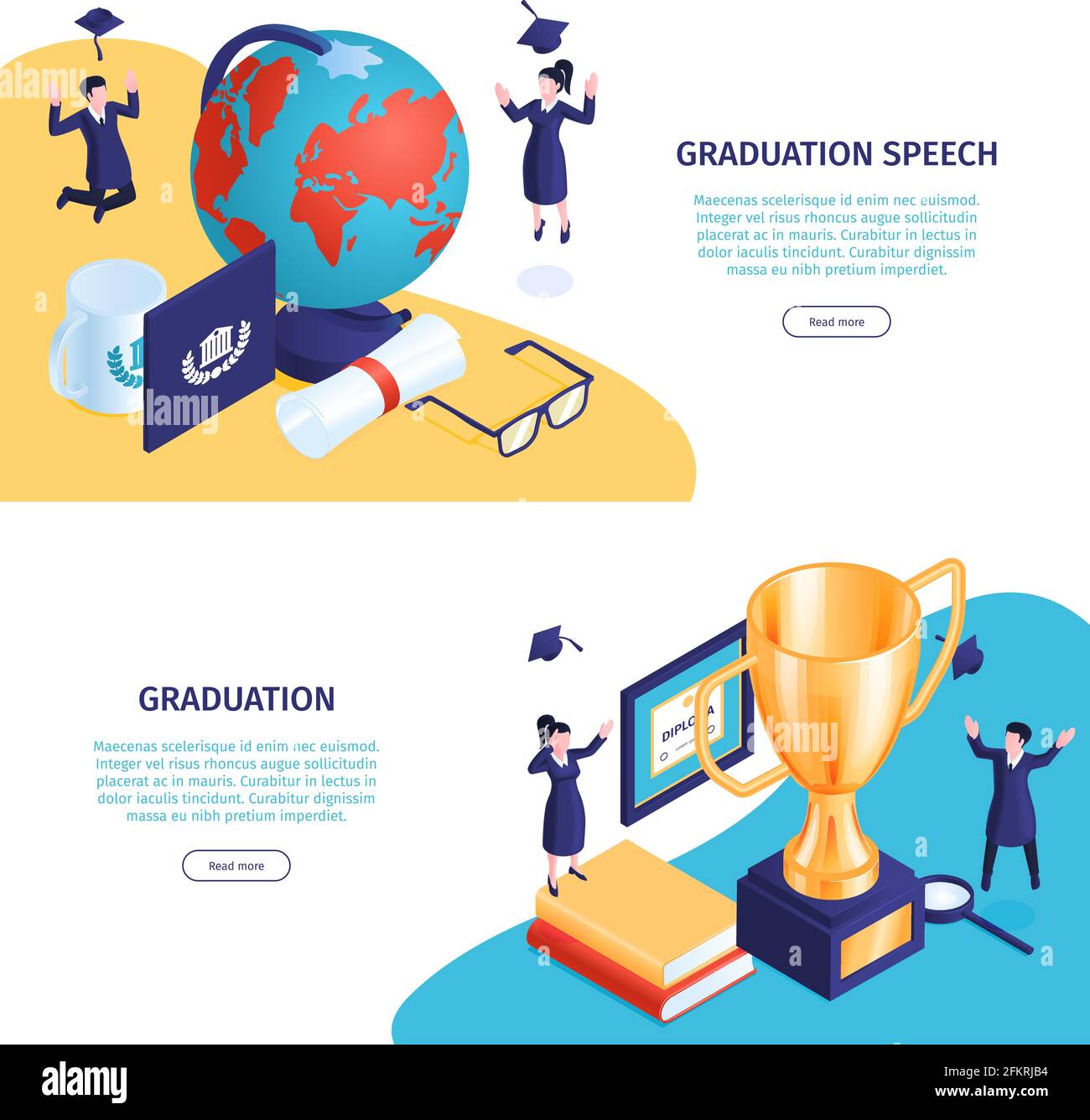 Isometric graduation banners set with books and elements of workspace ...