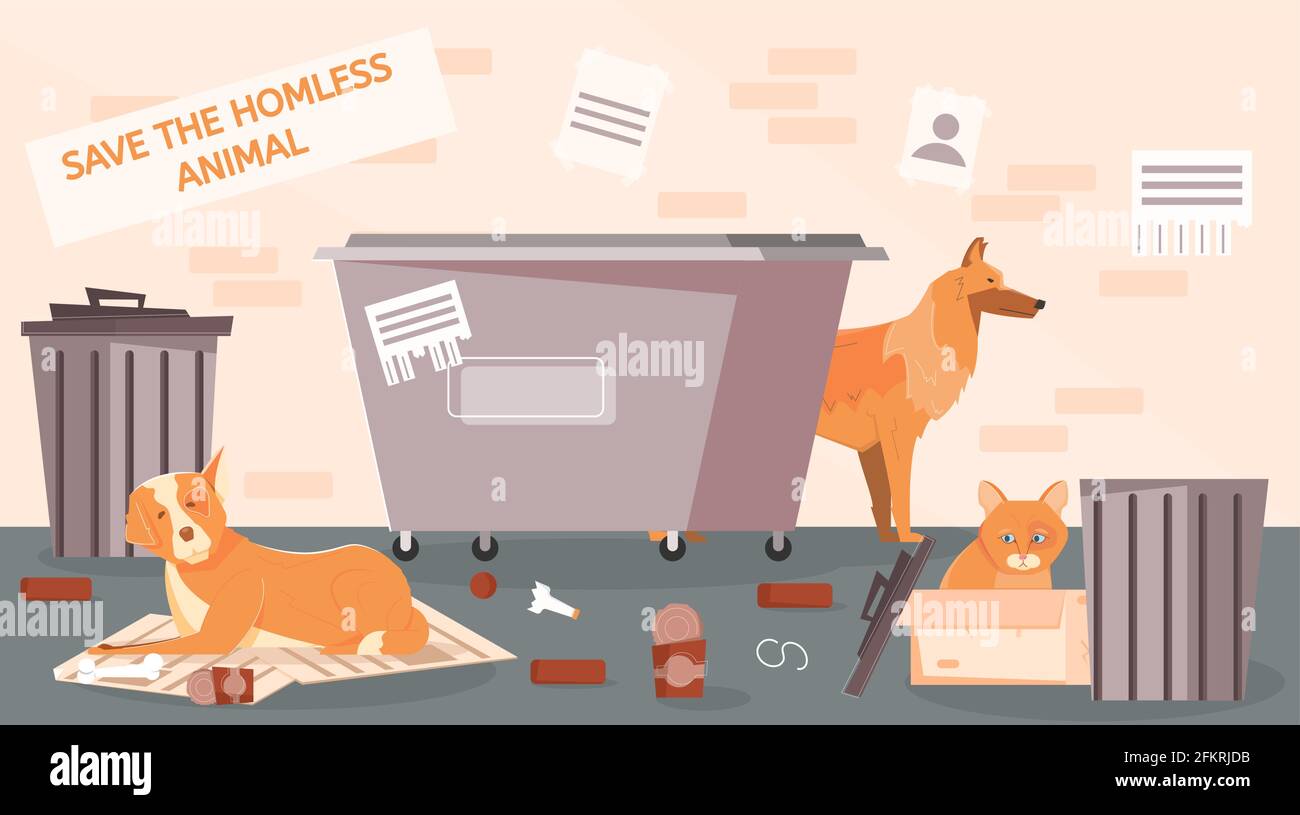 Homeless animals street flat composition with view of backstreet spot ...
