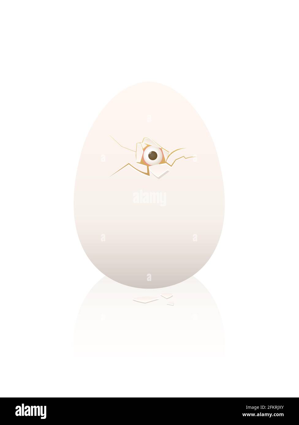 Chicken egg, hatching baby chick peeping out of the broken eggshell with one eye, symbolic for apprehension, insecurity, fear or for courage. Stock Photo