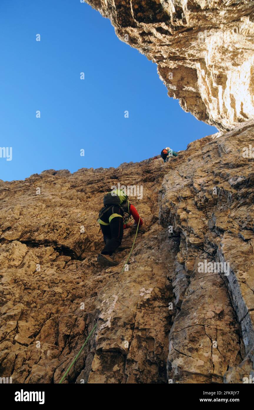 Cima Grande di LAvaredo, via normale di salita, arrampicata Stock Photo