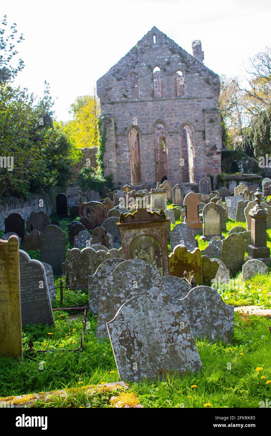 A backlit view of the ruins of the historic Greyabbey Monastery that dates back to the 13th century. Seen in its setting with the ancient cemetery Stock Photo