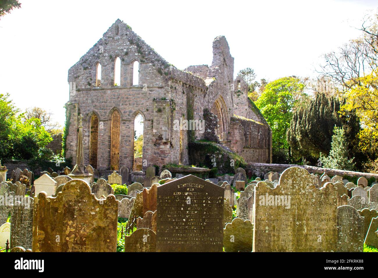 A backlit view of the ruins of the historic Greyabbey Monastery that dates back to the 13th century. Seen in its setting with the ancient cemetery Stock Photo