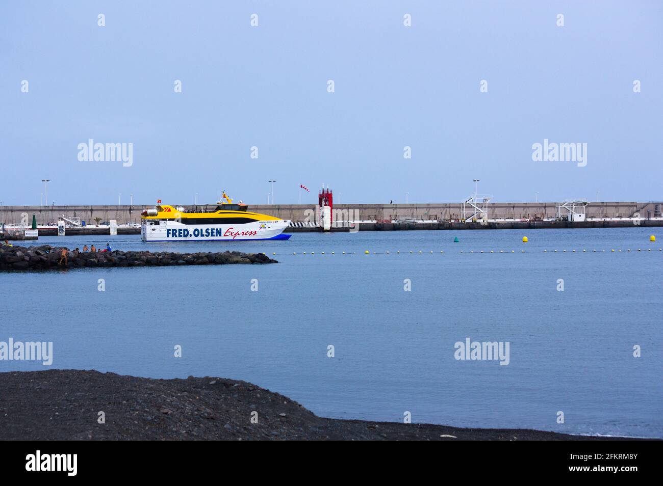 August, 2018. San Sebastián de la Gomera, Tenerife, Spain. Image of one of the ferries of the Fred Olsen Express company leaving the port of La Gomera Stock Photo