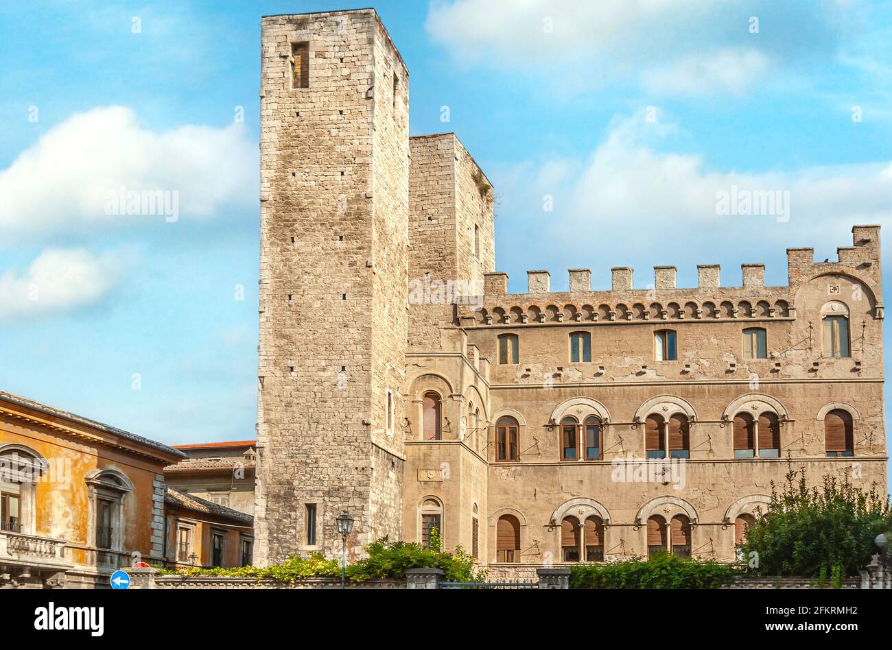 Torri Gemelle Twin Towers at the Piazza San Agostino, Ascoli Piceno, Marche, Italy Stock Photo