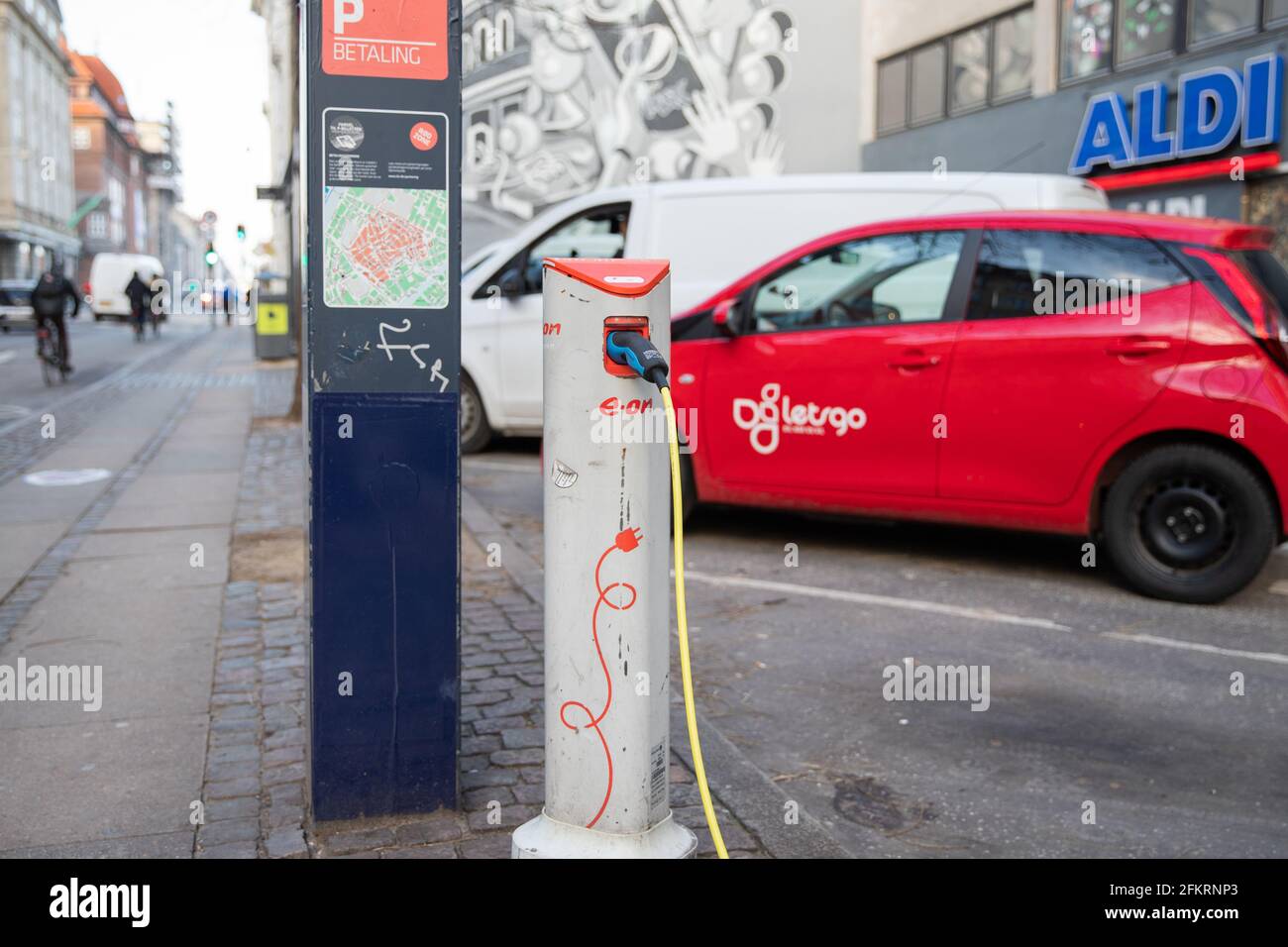 Copenhagen, Denmark, January 30th 2021: Electric car charging station in a park Stock Photo