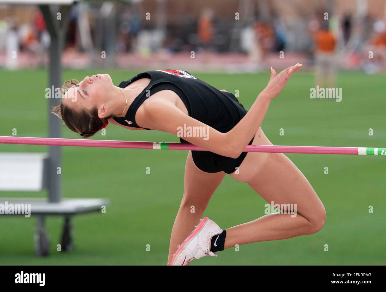 Austin, Texas, USA. 01st May, 2021: Elite college athlete Cassie Ackemann of SMU competing in the women's high jump at the Texas Invitational at Mike A. Myers Stadium at the University of Texas at Austin. Credit: Bob Daemmrich/Alamy Live News Stock Photo