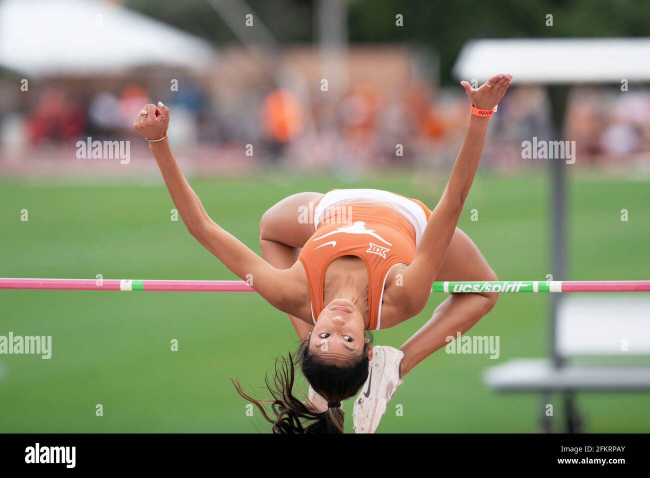 Austin, Texas, USA. 01st May, 2021: Elite college athlete Marleen Guerrero of Texas competing in the women's high jump at the Texas Invitational at Mike A. Myers Stadium at the University of Texas at Austin. Credit: Bob Daemmrich/Alamy Live News Stock Photo