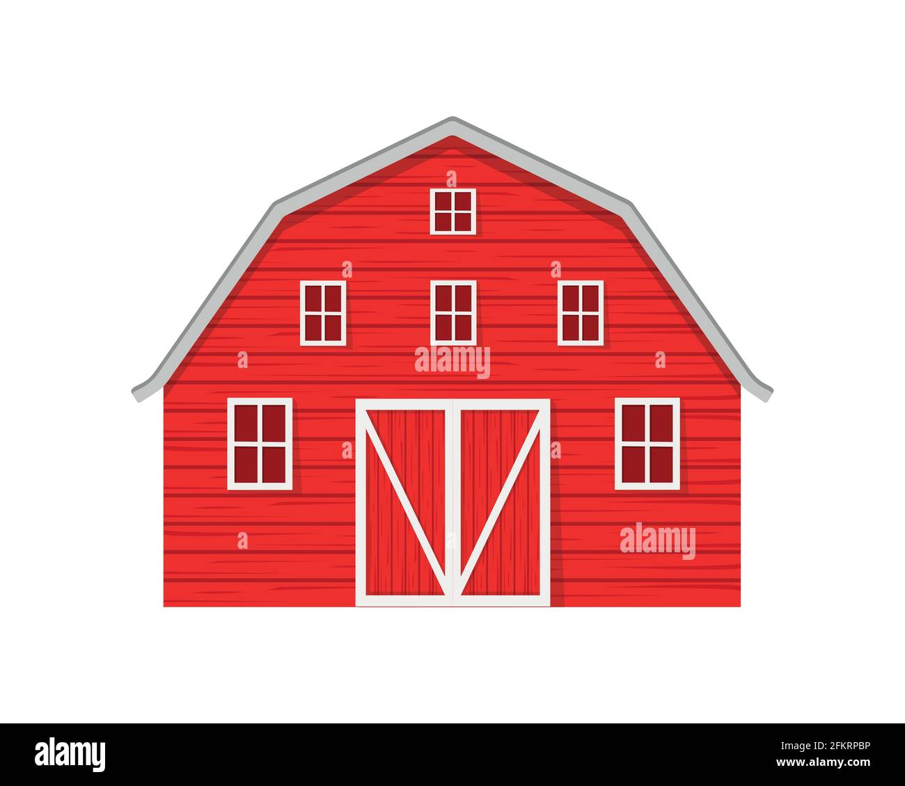 Red wooden barn isolated on white background. Farm warehouse with big door and windows. Front view. Vector cartoon illustration. Stock Vector