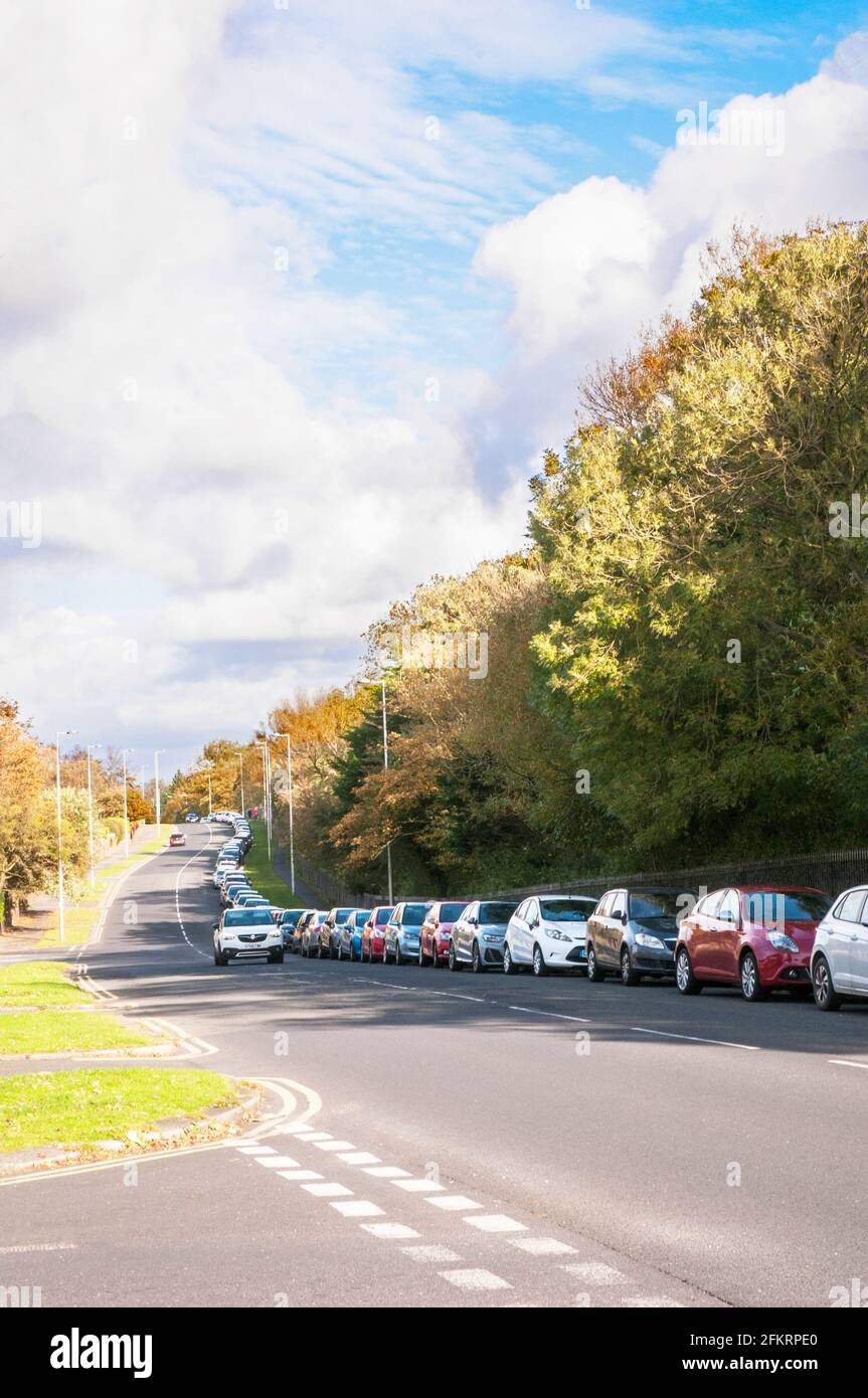 Long line of cars parked by people and staff along North Park Drive who are attending Victoria Hohpital Blackpool Lancashire England United Kingdom Stock Photo