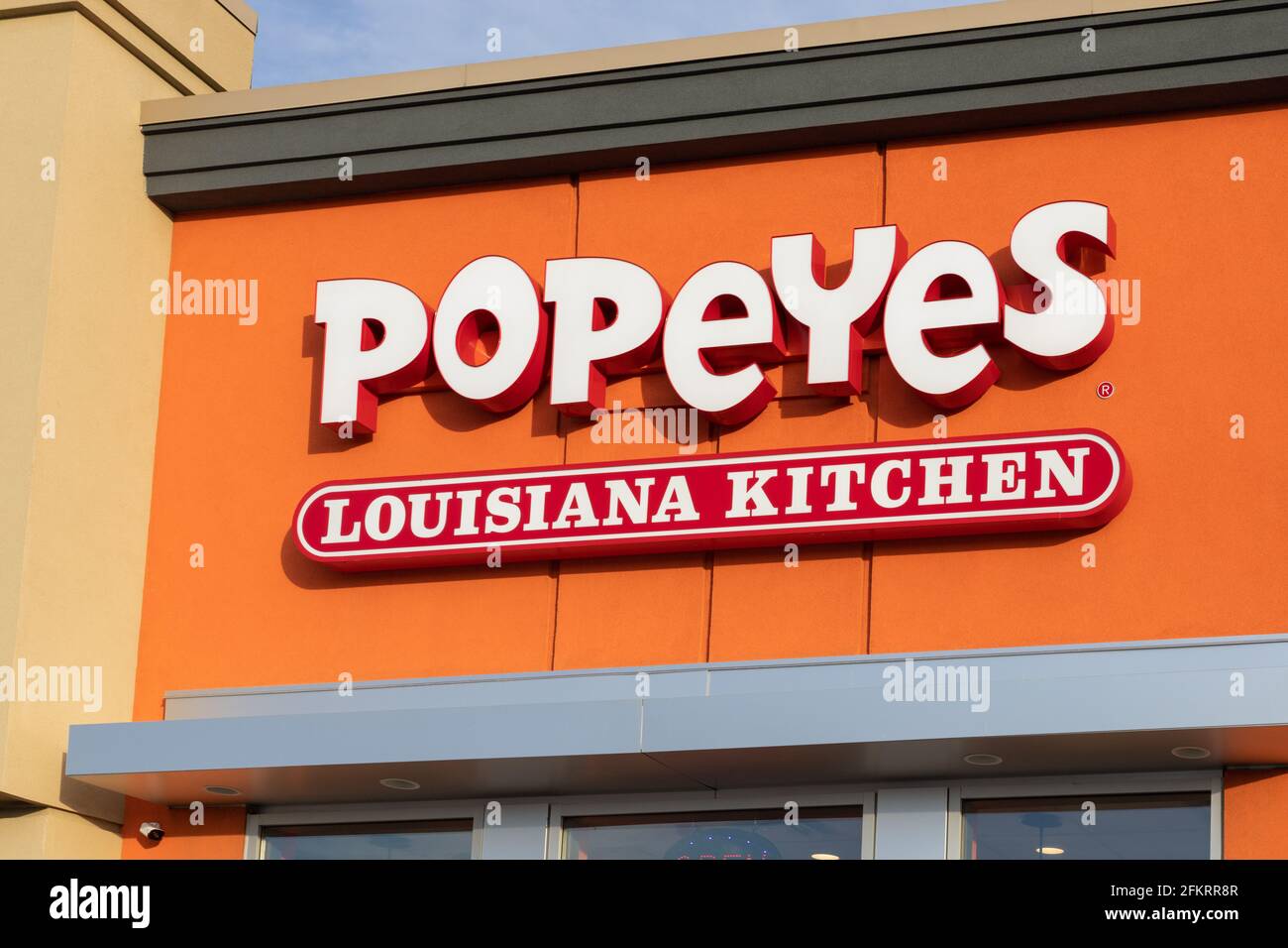 Ottawa, Canada -May 2, 2021: Popeyes chicken fast food restaurant, Louisiana kitchen Stock Photo