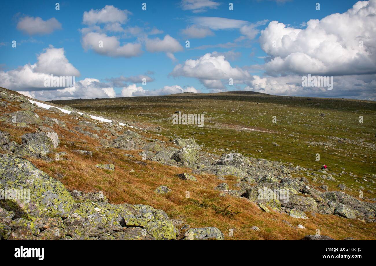 Ascending the rocky path to Skierfe mountain top, Swedish Lapland. Stock Photo