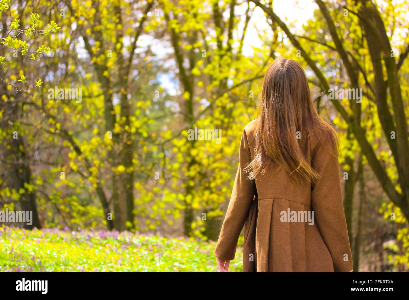 A young woman is enjoying a walk on a flowering meadow in a spring park ...